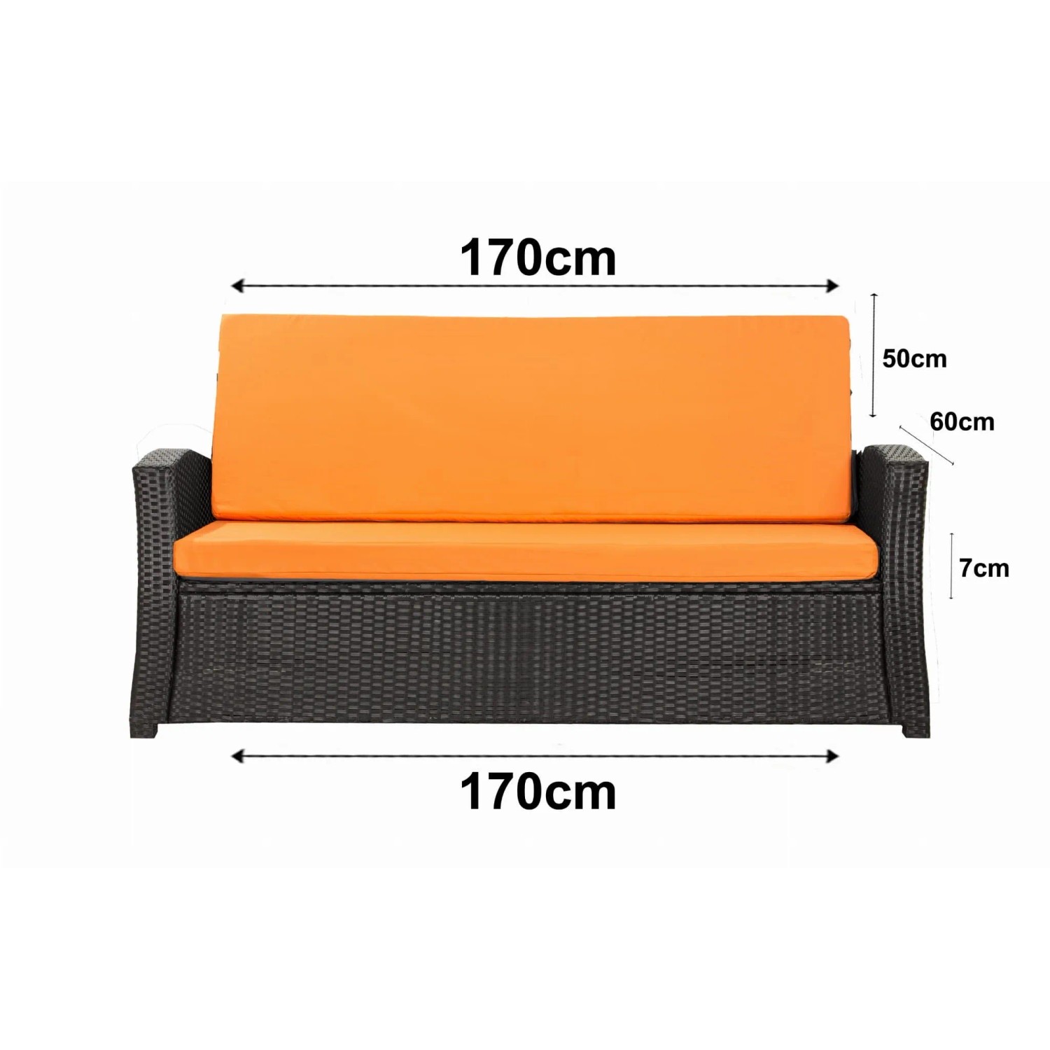 Orangefarbenes Gartenkissen-Set für 3-Sitzer Polyrattan-Gartensofa, 170x60x50cm.