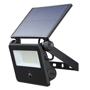 Anthrazitfarbener Wandstrahler SEGIN Solar mit Sensor, 10W, 1500lm, IP54. Außenleuchte mit Solarmodul.