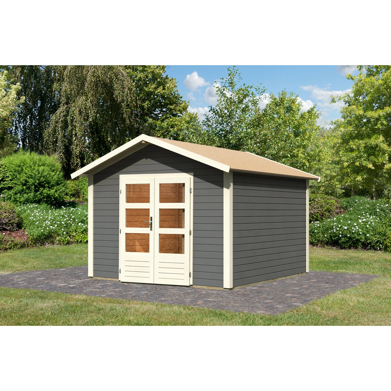 Terragraues Karibu Holz-Gartenhaus Tyka mit Satteldach und Doppeltür, 300x300 cm.