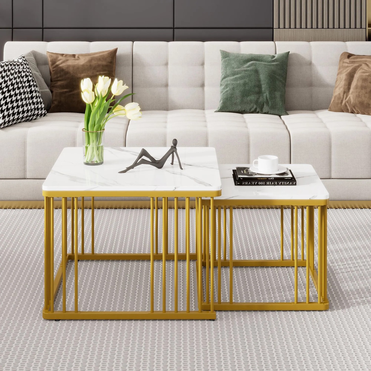 Merax Couchtisch Set Zweiteilig Hochglanz Marmoroptik Goldene Beine Stapelbar kaufen bei OBI