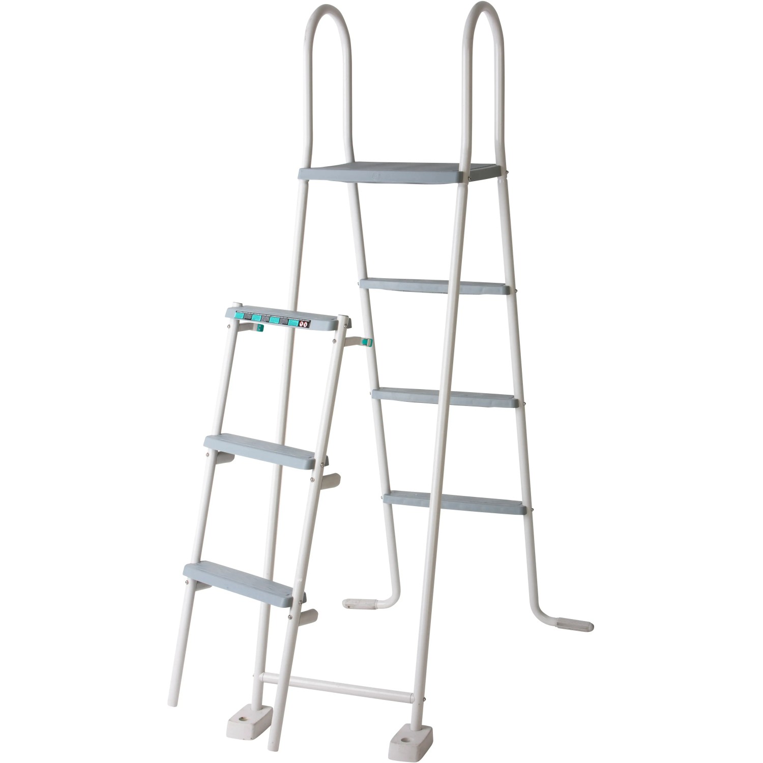 Weiße Poolleiter für Gre Stahlwand-Pool Haiti, 132 cm hoch, mit Sicherheitsstufen.