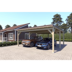Doppelcarport Ralf Natur, 600x600 cm, mit dunklem Blechdach. Holzcarport für zwei PKW.
