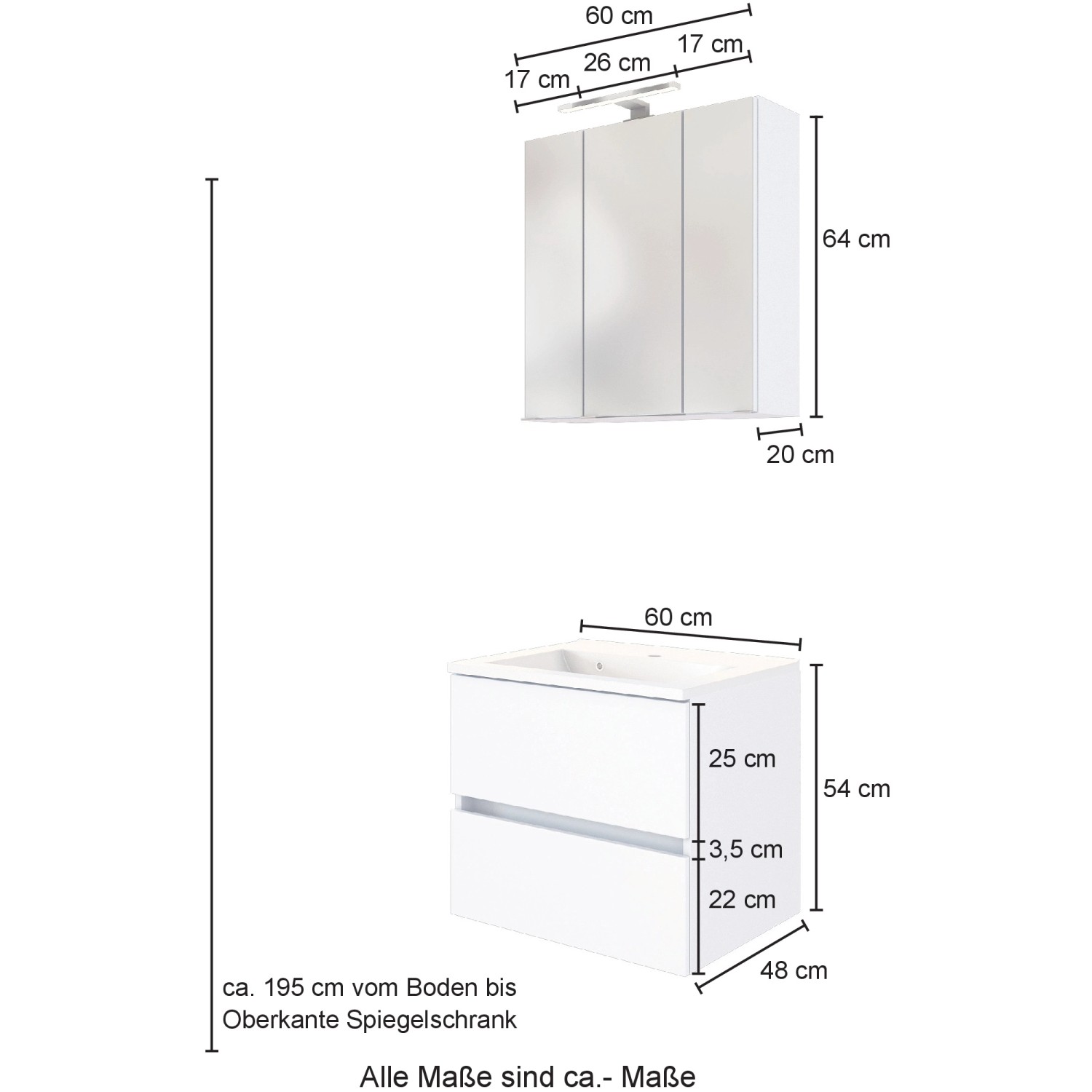 Held Möbel Waschtisch-Set Bari, 60 cm, Weiß/Eiche, mit Spiegelschrank und Mineralgussbecken.