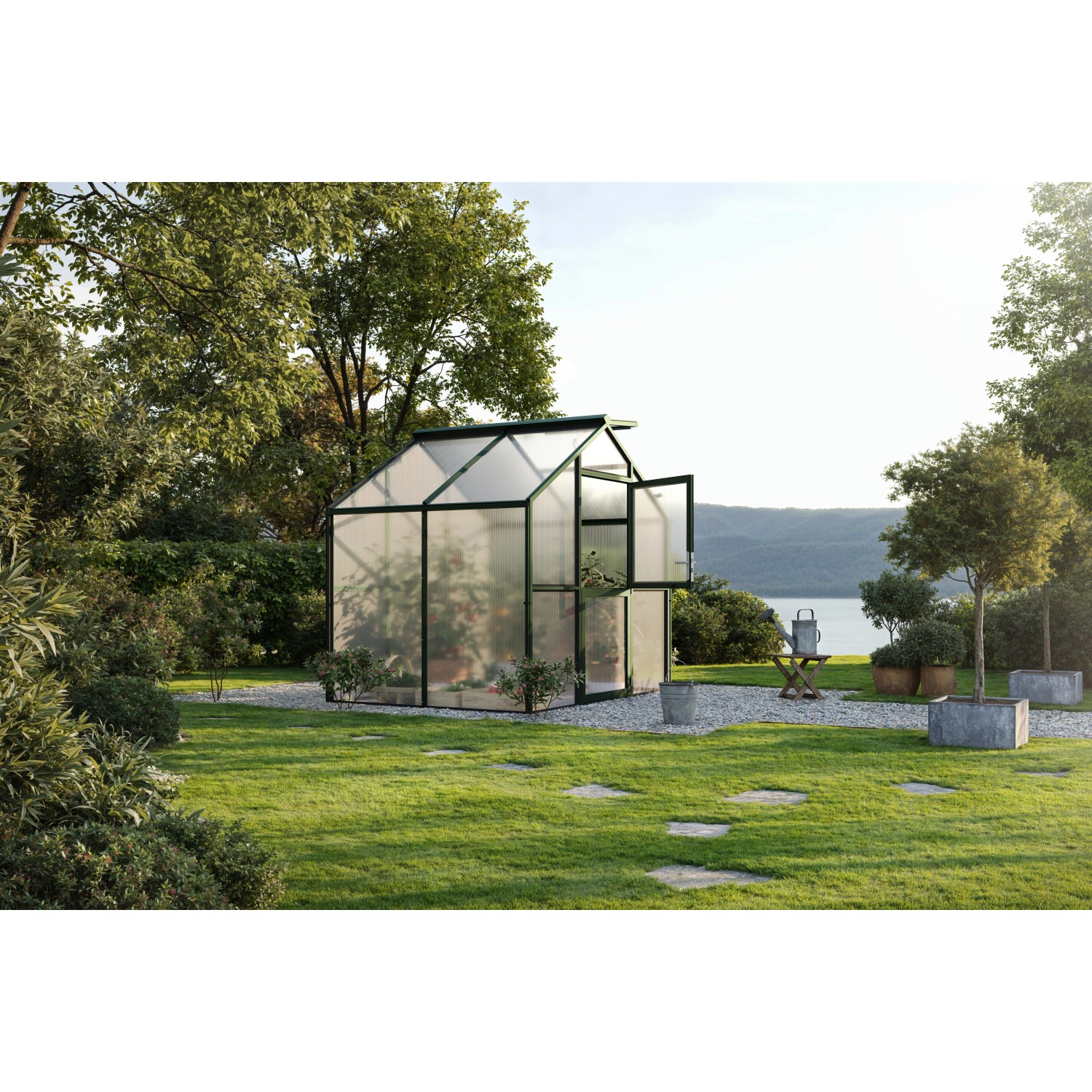 KGT Gewächshaus Novum II, tannengrün, 5,68 m², im Garten mit geöffneter Tür.