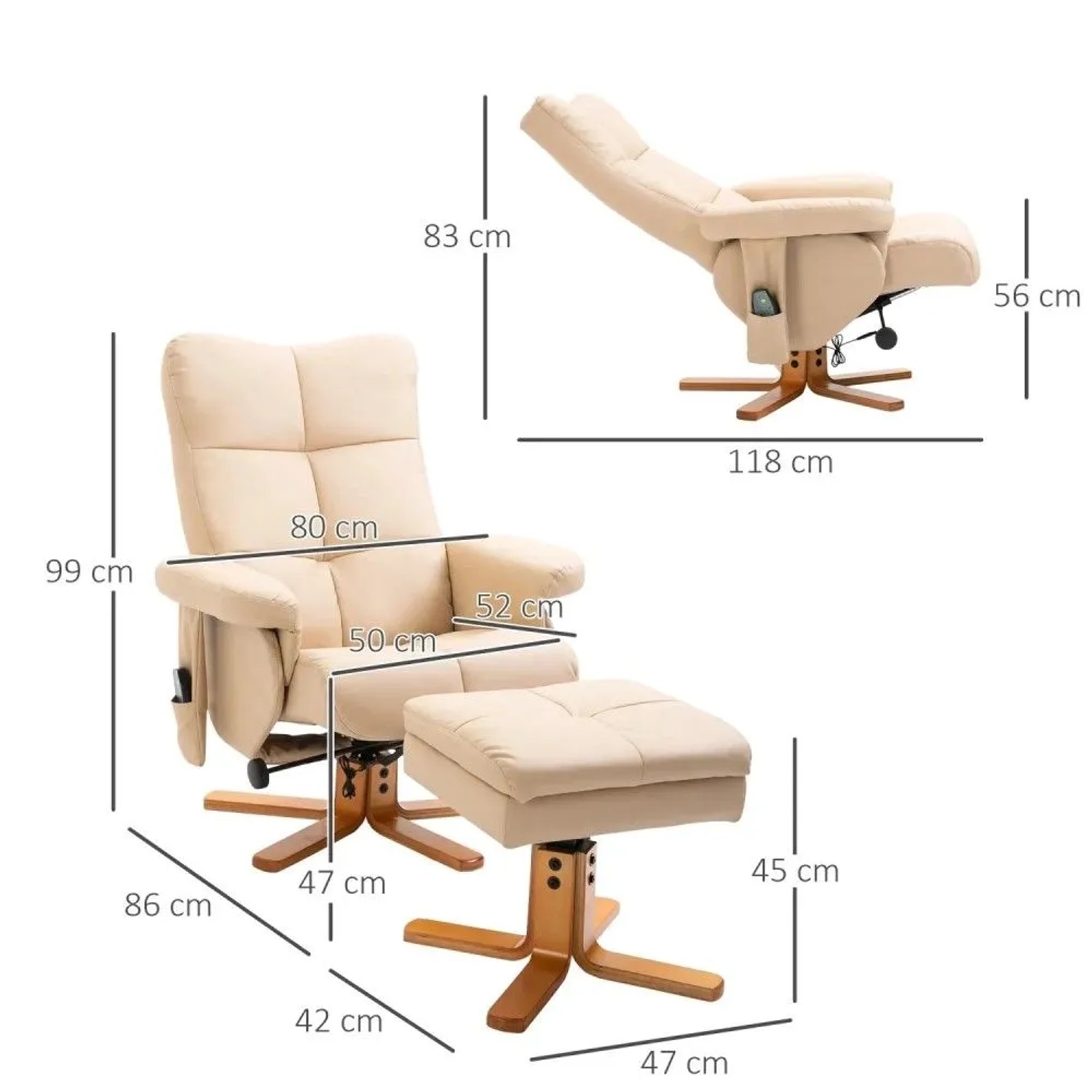 HOMCOM Massagesessel cremeweiß mit Fußhocker, 145° Neigung, Massagefunktion. Bequemer Relaxsessel mit Holzfuß.