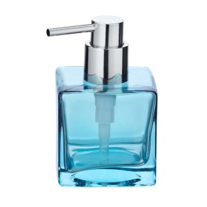 Blauer Wenko Seifenspender Lavit aus Echtglas, eckiges Design mit Chrom-Pumpe.