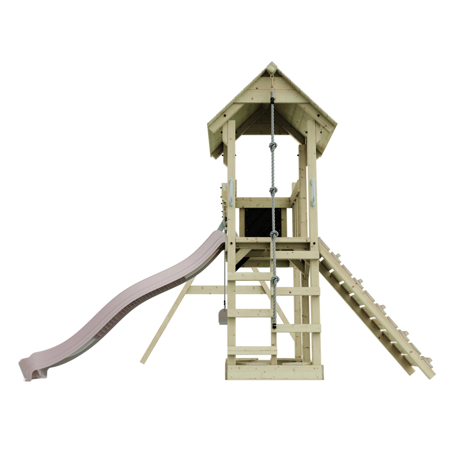 PolarPlay Kinderschaukel Uppsala altrosa mit Rutsche und Kletterturm aus Holz.