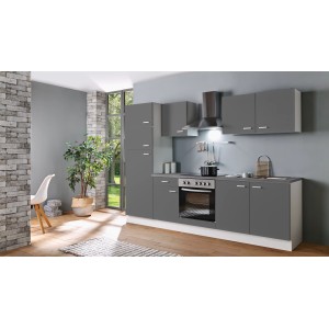 Moderne Menke Küchenzeile White Classic 270 cm in Graphit-Weiß mit E-Geräten.