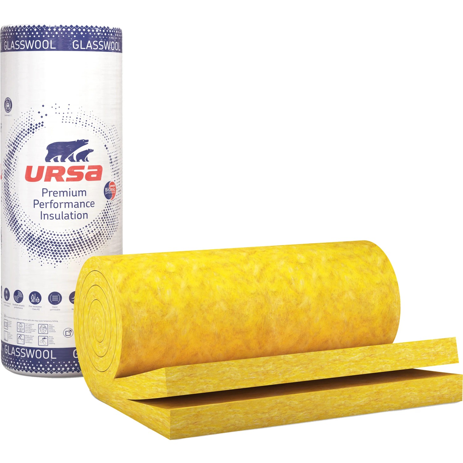Gelbe Ursa Glaswolle Dämmrolle und Verpackung. Ideal zur Dämmung von z.B. Geschossdecken.