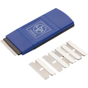 LUX Universalschaber mit blauer Kunststoffhülle und Ersatzklingen aus Stahl.