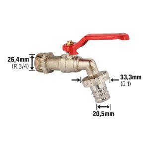 Kugelauslaufventil mit Schlauchverschraubung, 26,4 mm (R 3/4), matt verchromt und rotem Hebel.