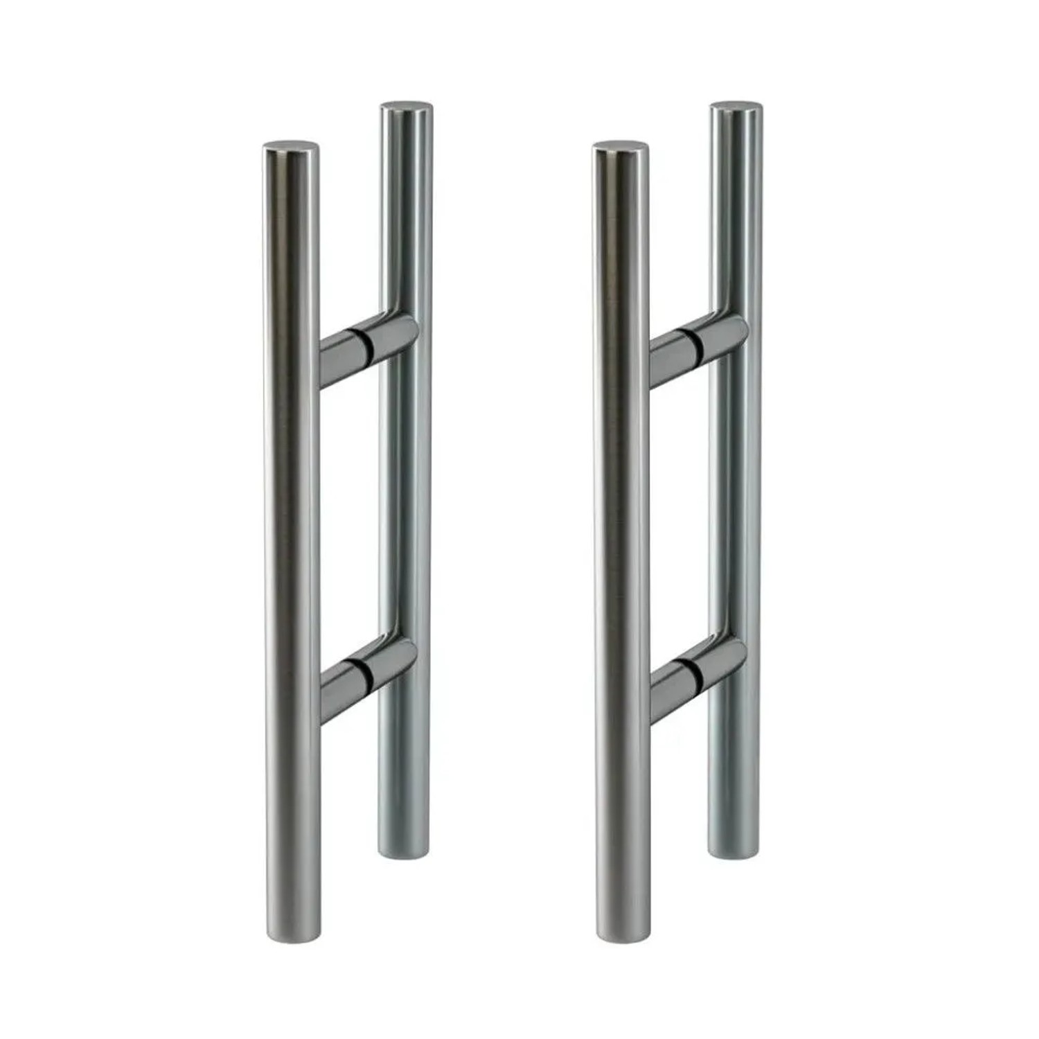 Zwei silberne Levidor Edelstahl Stangengriffe für Doppelglasschiebetüren. Elegante Griffe für Glastüren.