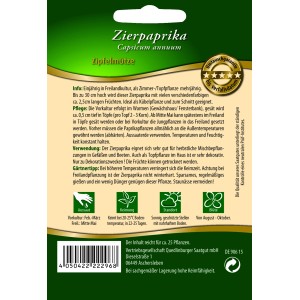Samentüte Quedlinburger Zierpaprika 'Zipfelmütze' mit bunten, länglichen Früchten.