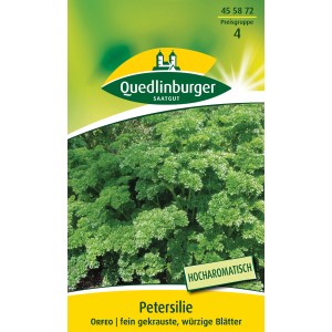 Samentüte Quedlinburger Petersilie 'Orfeo' mit krausen, grünen Blättern.