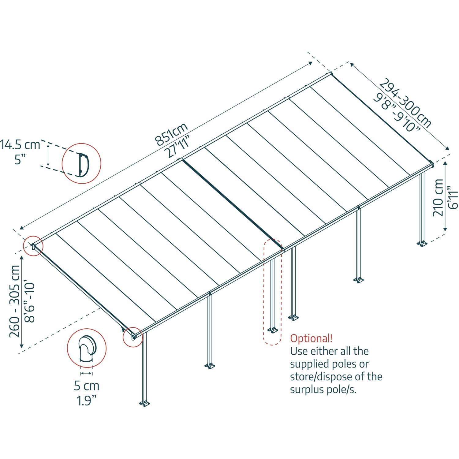 Technische Zeichnung der Palram Canopia Terrassenüberdachung Feria 3x8.51 in Anthrazit mit Maßangaben.