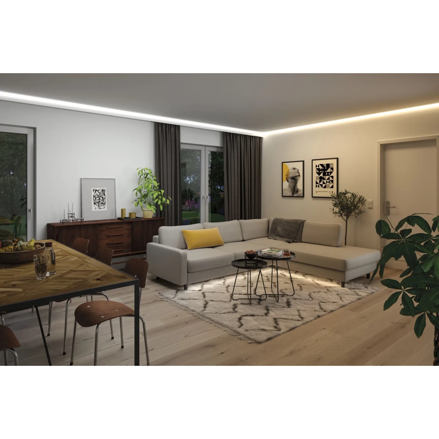 Wohnzimmer mit Paulmann LED-Strip MaxLED 1000 für indirekte Beleuchtung.