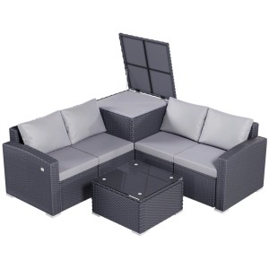 HOMAVO Gartenlounge Set, 4-Sitzer, dunkles Rattan, hellgraue Kissen, Glastisch, offene Aufbewahrungsbox.