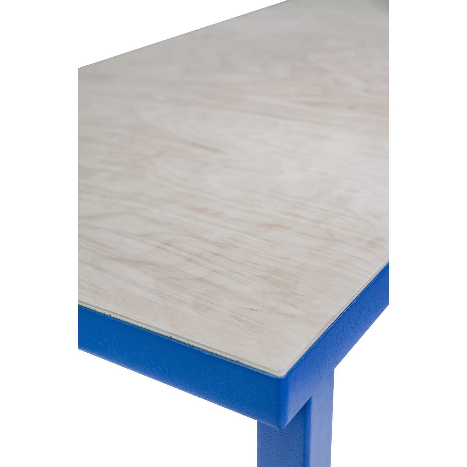 Detailansicht: Güde Werkbank P 1200 S mit Buchenfurnier und blauem Stahlrahmen.