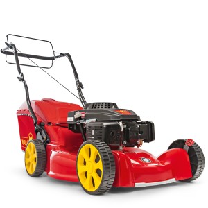 Wolf-Garten A 5300 A Benzin-Rasenmäher mit gelben Rädern und rotem Gehäuse.