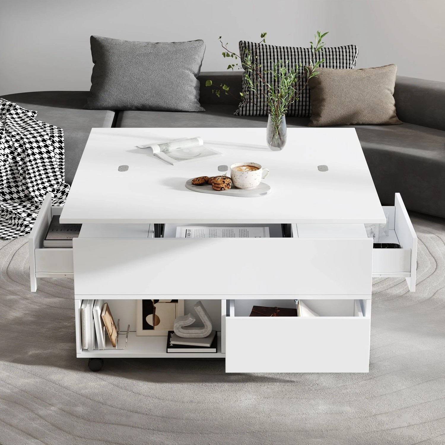 Merax Couchtisch Höhenverstellbar mit Rollen 4 Schubladen Multifunktion Weiß kaufen bei OBI