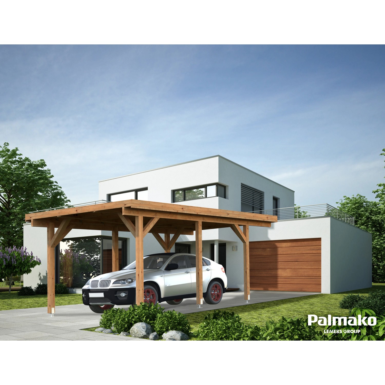Palmako Einzelcarport Karl, braun, mit Auto. Holzcarport mit stabiler Dachkonstruktion.