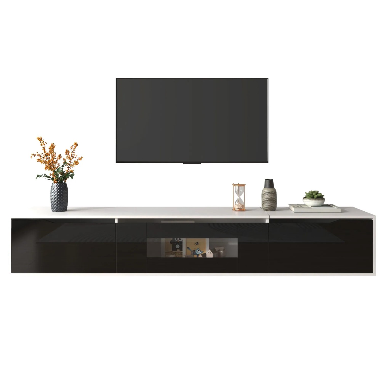 okwish TV Schrank mit LED Licht Holzoptik Glasböden 180x35x30cm Schwarz_9