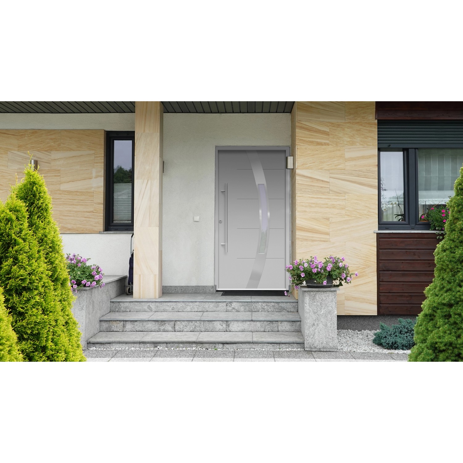 Graue Sicherheits-Haustür ThermoSpace Prime Prag RC2, 110x210 cm, mit Edelstahlgriff und Glaseinsatz.