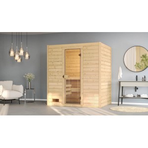 Weka Massivholzsauna Valida 2 Sparset mit Glastür in naturbelassenem Fichtenholz.