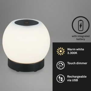 Brilo Akku-Tischleuchte Poka, schwarz, mit warmweißem Licht und Touchdimmer. Ideal als Deko-Leuchte für den Außenbereich.