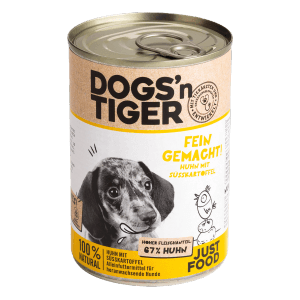 Dose Dogs'n Tiger Hunde-Nassfutter Huhn mit Süßkartoffel, Welpenfutter mit hohem Fleischanteil.