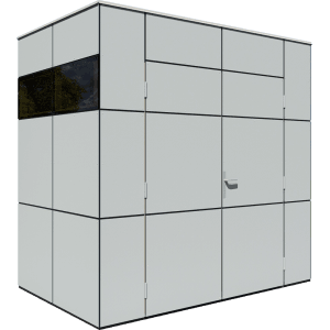 Modernes, hellgraues Bertilo Gartenhaus HPL Mini (231x152cm) mit Fenster und Tür.