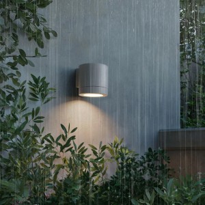Weiße Philips Fylx Außenwandleuchte an grauer Wand im Regen, umgeben von Pflanzen.