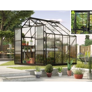 Vitavia Gewächshaus Jupiter 6700 ESG 3mm Schwarz mit Pflanzen und Zubehör.