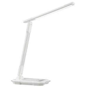 Weiße LED-Tischlampe Cyberglow (31,6 cm) mit Wireless Charging und USB-Ladefunktion für Schreibtisch.