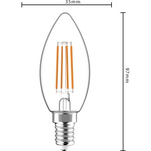 LED-Filament Leuchtmittel E14, Kerzenform C35, 4,5W, warmweiß, mit Maßangaben.