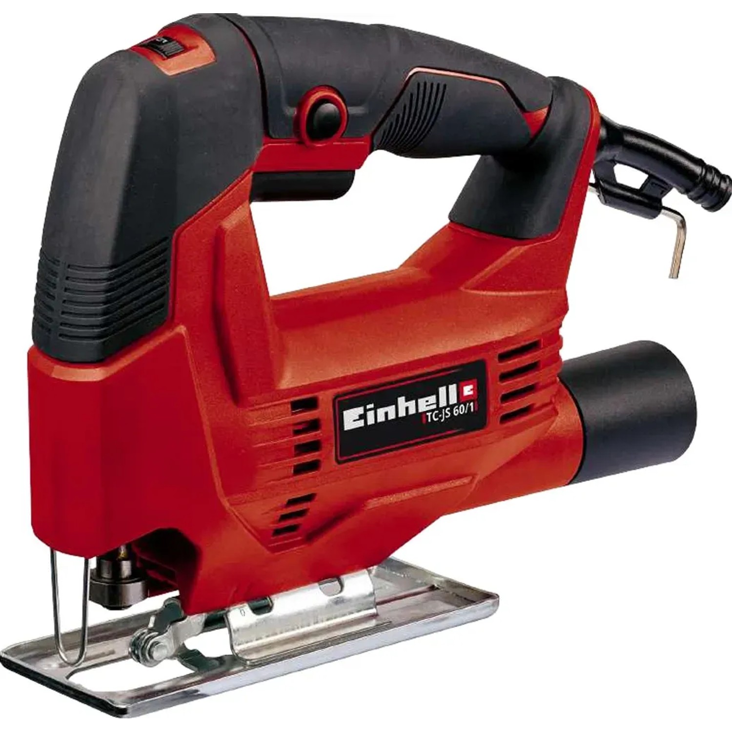 Einhell Stichsäge TC-JS 60/1 in Rot und Schwarz mit Metallsägeblatt und Staubabsaugung.
