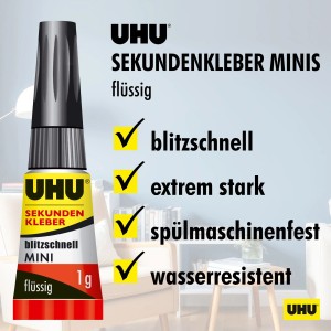 Uhu Sekundenkleber Blitzschnell Mini, 3 Tuben à 1g, flüssiger Kleber für schnelle Verklebungen.