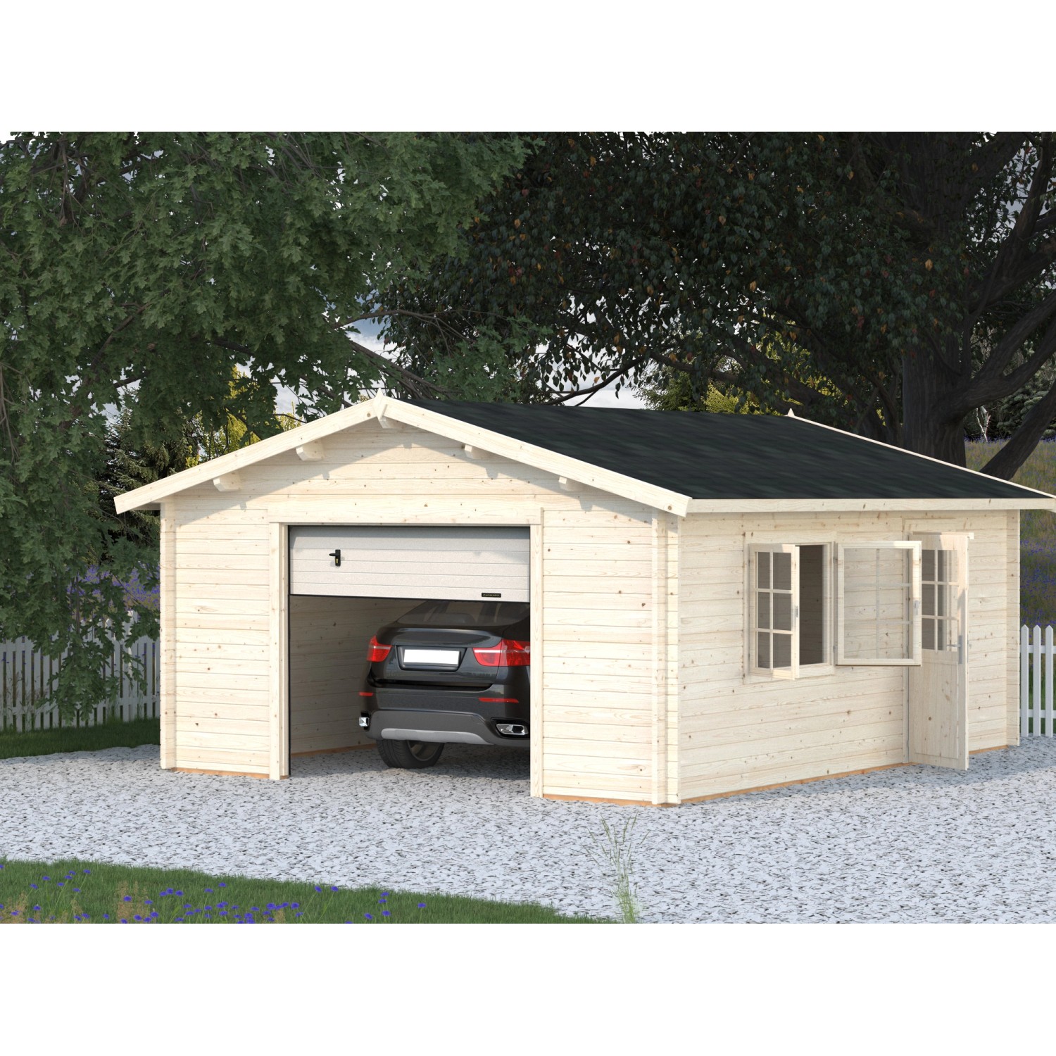 Palmako Garage Roger, lackiert grau-weiß, mit Sektionaltor und Auto. Fertiggarage aus Holz mit Fenster und Tür.