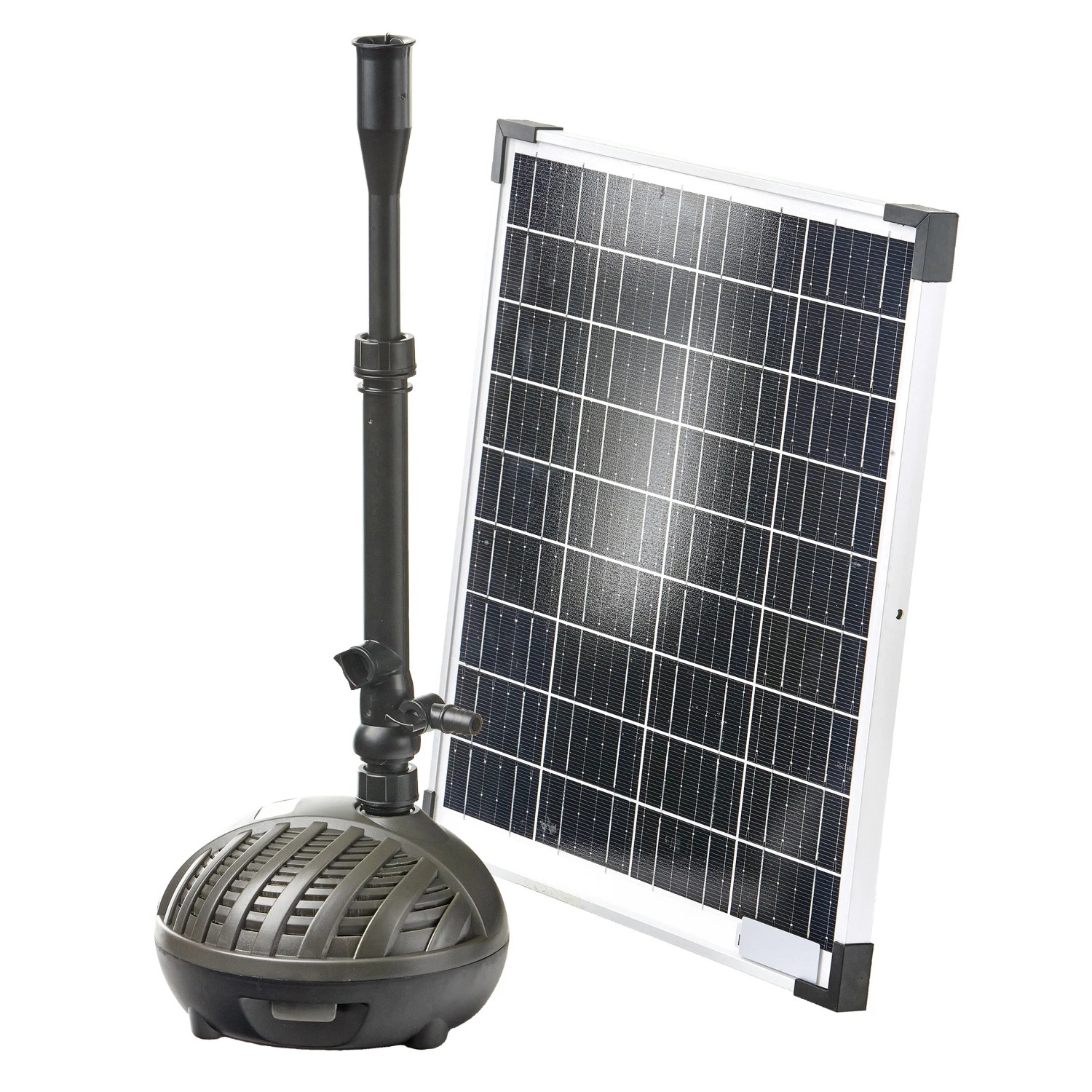 Heissner Solar-Teichpumpen-Set Hybrid mit Pumpe, Solarpanel und Zubehör für den Gartenteich.