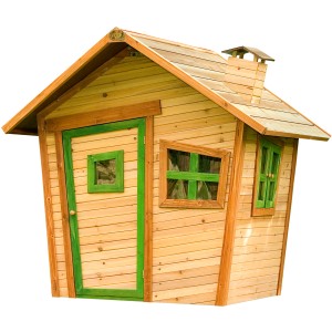Axi Alice Spielhaus im Crooked Design, braun und grün, mit Fenster und Tür. Ideal für den Garten.