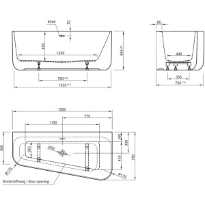 Technische Zeichnung: Ottofond Whirlpool Pino Mod. B, 155x75 cm, Maße und Details.