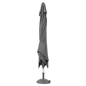 Zusammengeklappter, anthrazitfarbener Schneider Balkonschirm 325x325 cm mit Kurbelmechanik und Schirmständer.