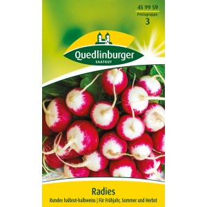 Samenpackung Quedlinburger Radieschen 'Rundes halbrot-halbweiß', knackige Gemüsesamen für den Garten.