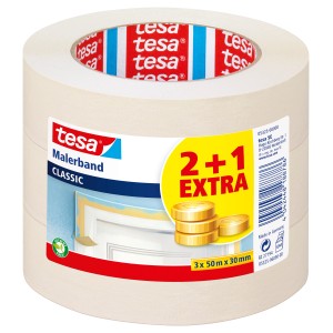 Tesa Malerband Classic 3er-Pack, 3 Rollen à 50m x 30mm, für saubere Farbkanten.