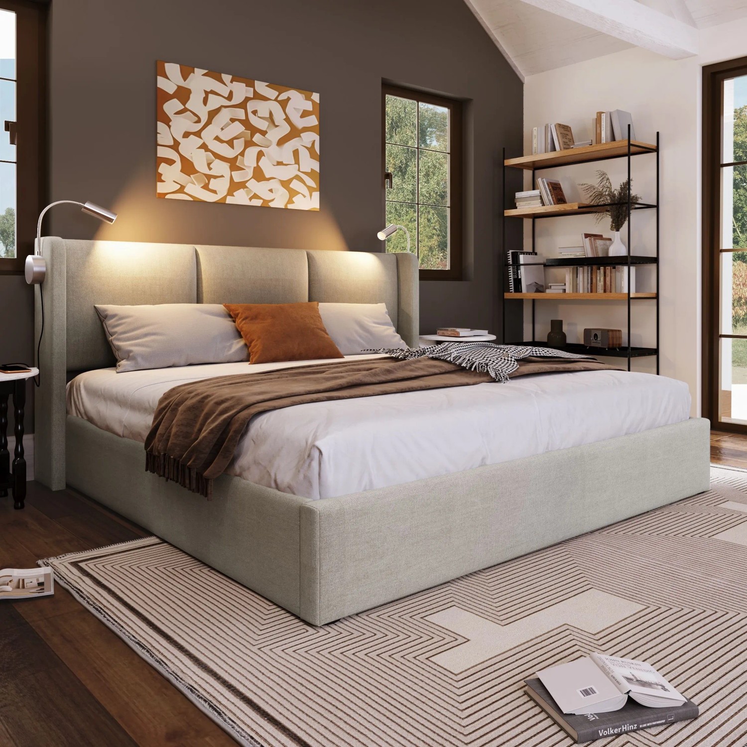 okwish Polsterbett 160x200cm mit Stauraum USB Leselicht Jugendzimmer Beige ohne Matratze_2