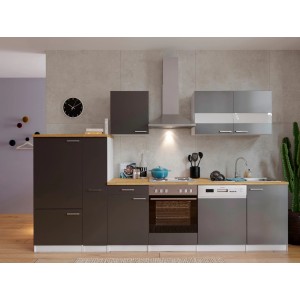 Respekta Küchenzeile KB310WG, 310 cm, grau-weiße Einbauküche mit E-Geräten.