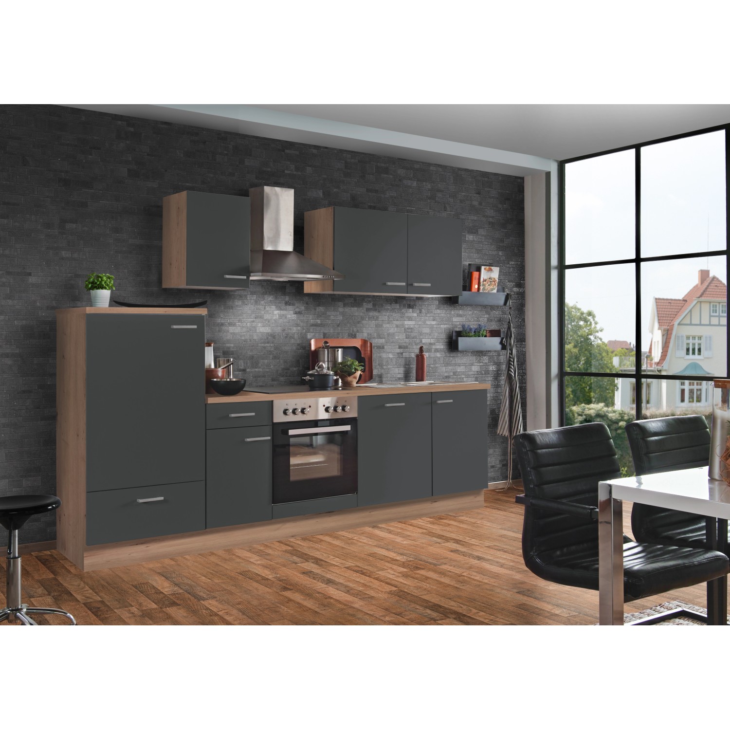 Moderne Menke Küchenzeile Artisan Classic 270 cm in Graphit/Artisan-Eiche-Optik mit E-Geräten.