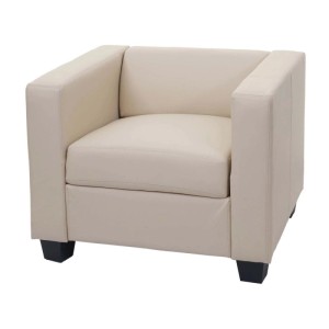 Cremefarbener MCW Loungesessel Lille mit Kunstlederbezug und schwarzen Füßen.
