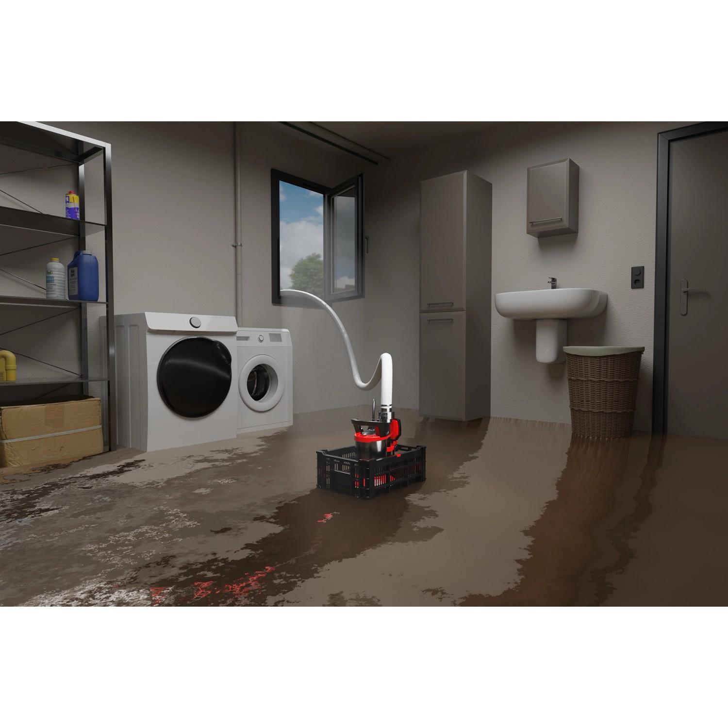 Einhell GE-DP 7535 N LL Eco Flutset im Einsatz gegen Hochwasser im Keller.