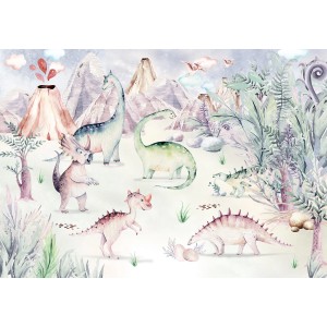 Komar Vliesfototapete Dino Playground 400x280cm mit Dinosauriern und Vulkanlandschaft.